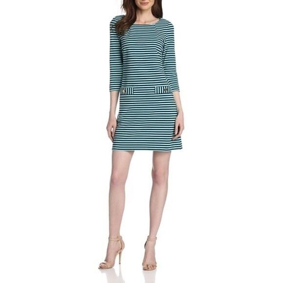 Lilly Pulitzer Charlene Aqua Stripe Ottoman Pocket Dress - Picture 1 of 11